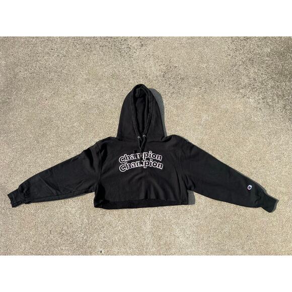 Champion Sweatshirt Women Size Small Black Reverse Weave Embroidered Hooded Crop - Picture 1 of 5